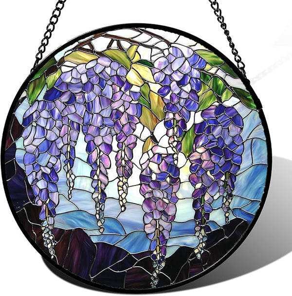 Stained Glass Window Hanging, Wisteria Flower Sun Catcher for Door Home Decor Purple and Blue Suncatcher Christmas Mother's Day Birthday Gifts for Women Men Mom and Nana 9.8 in