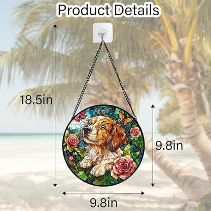 DASTOLL Stained Glass Window Hanging, Dog and Rose Suncatcher for Doors Home Butterfly Sun Catchers Decoration and Christmas, Mother's Day Birthday Gifts for Women, Men, and Mom 9.8 in