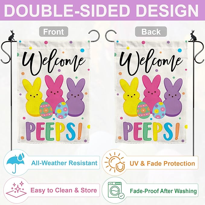 Easter Garden Flag (12x18) Double Sided - Welcome Bunny Spring Yard Flag - Easter Decorations Outdoor - Holiday Flag for Porch Patio Lawn Garden Decor