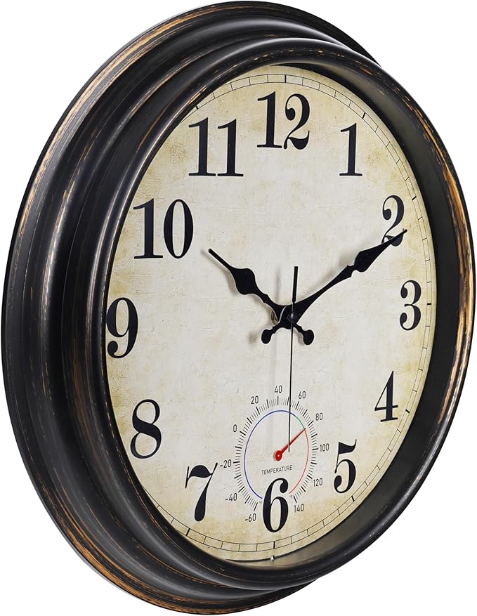 Large Outdoor Clocks Waterproof with Thermometer Combo Vintage Wall Clock Decor for Bathroom Patio Pool Garden(16 Inch)