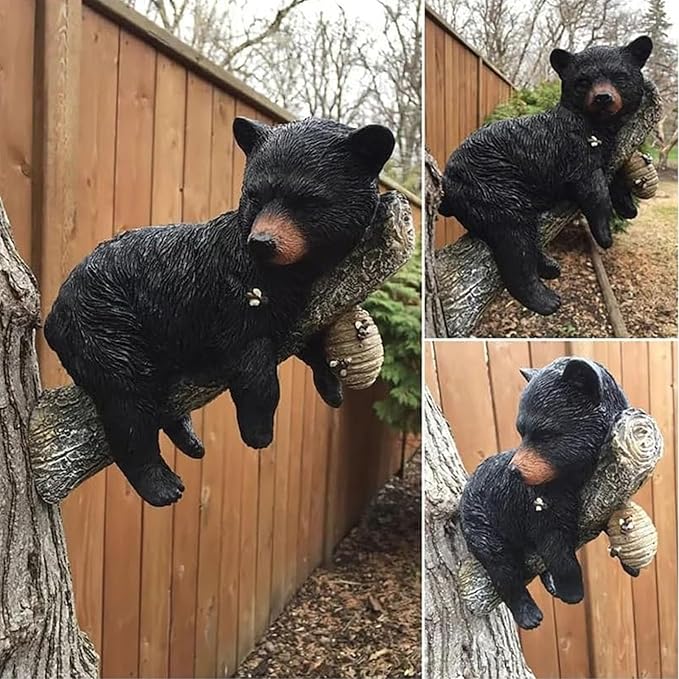 Black Bear Cub & Tree Faces Outdoor Decor - Statue with Stump Sculpture, Garden Peeker Tree Hugger Art for Outdoor Garden Decoration