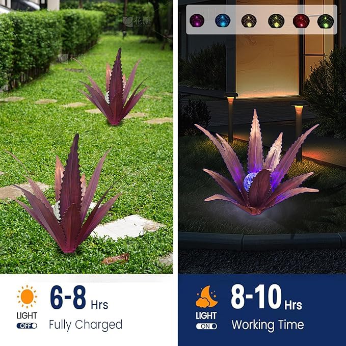 2 PCS Metal Agave Sculpture Decoration, Vintage Country Hand-Painted Sculpture DIY Metal Agave Plant, Home Garden Courtyard Lawn Outdoor Decoration (Serrated Purple)