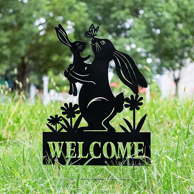 Glitzhome Easter Rabbit Decorative Garden Stakes, 30" H Black Metal Silhouette with Welcome Sign and Butterfly Cutout, Iron Yard Lawn Spring Decor or Wall Decor