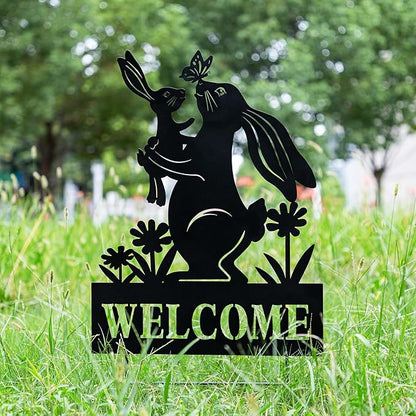Glitzhome Easter Rabbit Decorative Garden Stakes, 30" H Black Metal Silhouette with Welcome Sign and Butterfly Cutout, Iron Yard Lawn Spring Decor or Wall Decor