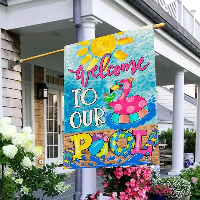 Baccessor Summer Pool Flamingo House Flag Vertical Double Sided Summer Welcome to our Pool Large Yard Flag Double Sided 28x40 Inch Burlap Vertical Seasonal Farmhouse Yard Outdoor Decoration