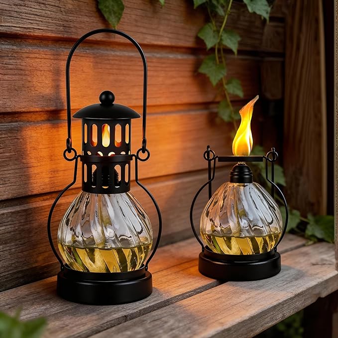2 Pack Glass Table Top Torches, 14 oz Citronella Torches for Outside, Features Hanging Handles, Refillable Flame Light Torch, Decorative Tabletop Lantern for Yard, Patio, Garden, Party, Landscape