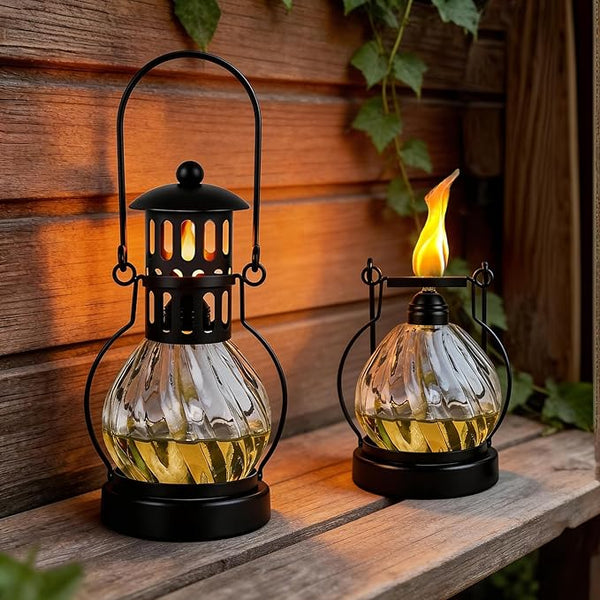 2 Pack Glass Table Top Torches, 14 oz Citronella Torches for Outside, Features Hanging Handles, Refillable Flame Light Torch, Decorative Tabletop Lantern for Yard, Patio, Garden, Party, Landscape