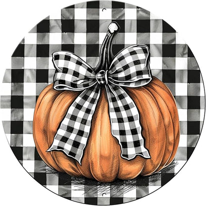 Vintage Pumpkin Fall Round Metal Sign Pumpkin Thanksgiving Day Sign Farmhouse Rustic Wreath Wall Decoration for Indoor Outdoor Home Porch Window Decor 12 Inch