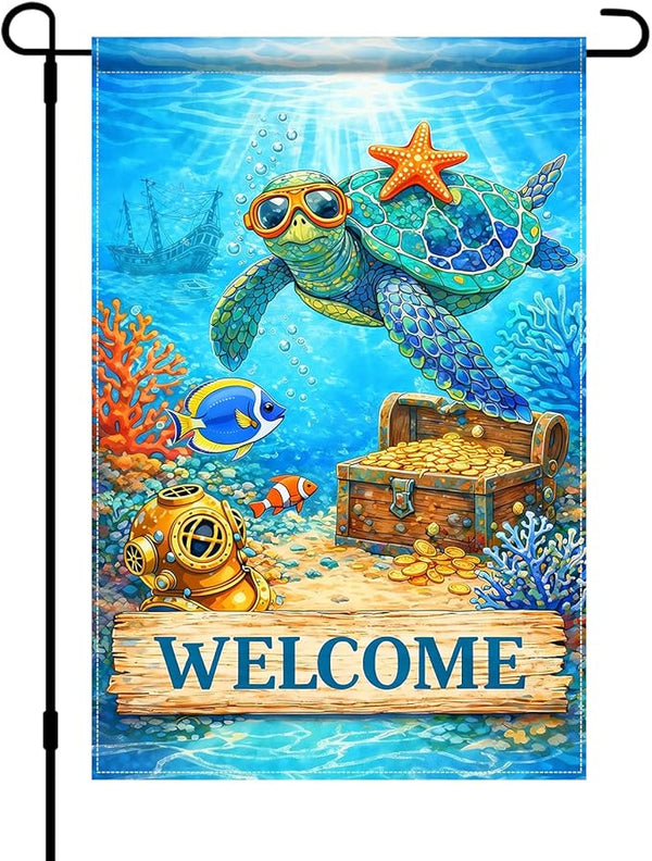 BlissYard Ocean Sea Turtle Welcome Garden Flag 12x18 Double Sided Vertical Outdoor Coastal Decor Underwater Coral Reef Yard Garden Lawn Patio Nautical Summer Banner
