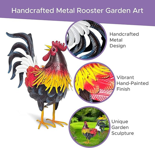 Hand-Painted Lifelike Metal Rooster Weather-Resistant Outdoor Garden Statue, Indoor/Outdoor Decor, Gift-Ready Centerpiece