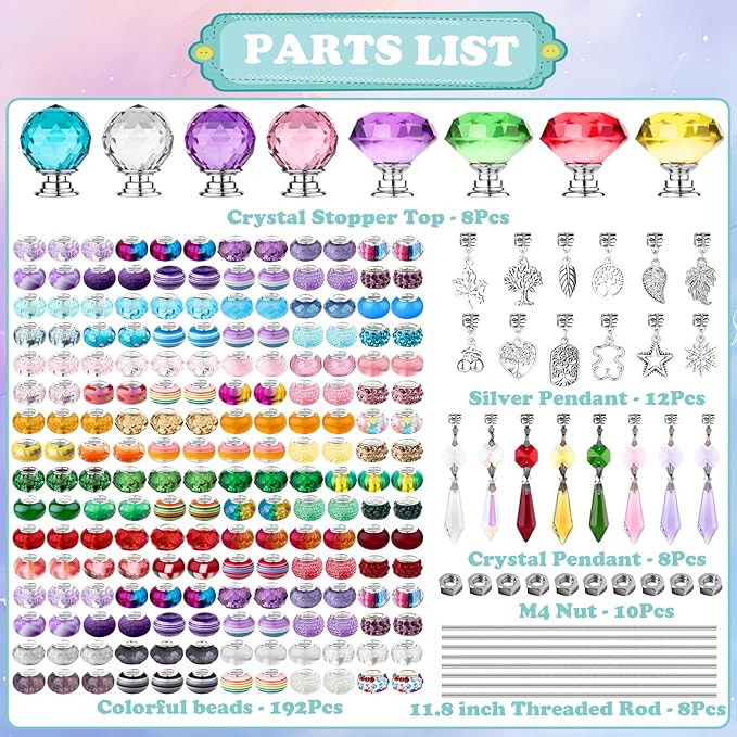 UFU 238Pcs DIY Fairy Wand Beaded Garden Stakes Kit, Decorative Garden Stakes with Colorful Crystal Pendants, Outdoor Fairy Garden Accessories, Beadable Items for Decor, Gifts & Craft (12 in)