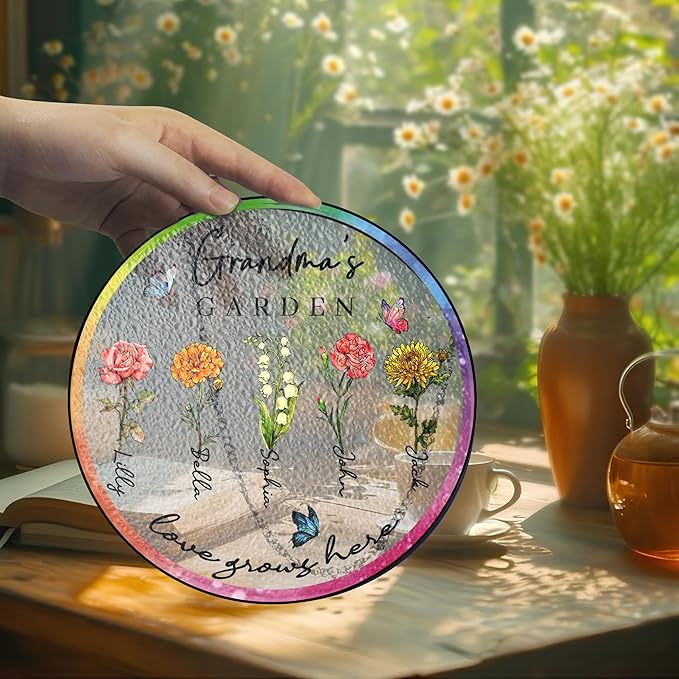 NAZENTI Custom Grandma's Garden Stained Glass Window Hanging, Gifts for Mother's Day, Grandma Gifts from Grandkids, Personalized Grandma Flower Garden Grandkids Names Sign