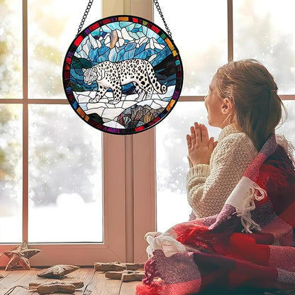 CHATYOUNG Stained Glass Window Hanging Mountain Snow Leopard Large 15" - Fine Retro Suncatcher Door Garden Sunroom Sun Catcher Home Decor Father's Day Birthday Christmas for Mom Woman Men Father