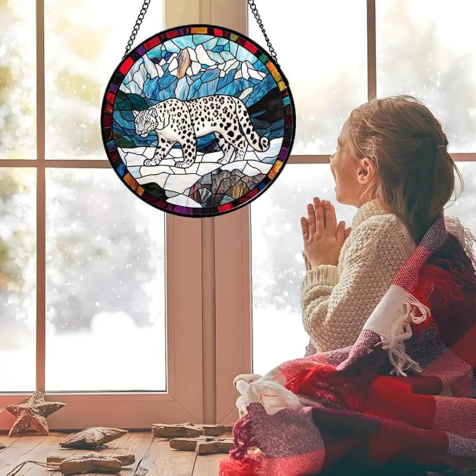 CHATYOUNG Stained Glass Window Hanging Mountain Snow Leopard 6.3" - Fine Retro Suncatcher Door Garden Sunroom Sun Catcher Home Decor Father's Day Birthday Christmas for Mom Woman Nana Men Father