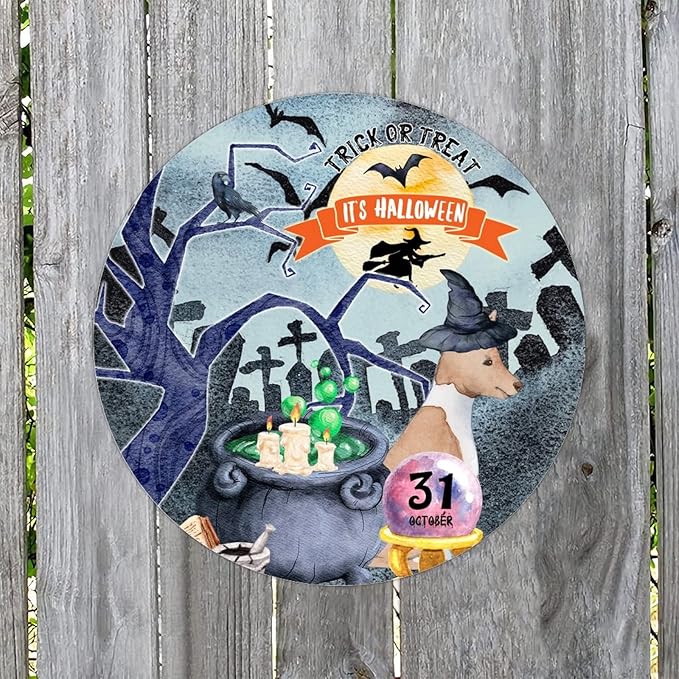 Retro Metal Sign 12"x12",Happy Halloween Scary Night Grave Witch Bats Trick Or Treat Dog Aluminum Tin Metal Sign for Home Living Room Bedroom Garden Farm Patio Decor Wall Art Poster