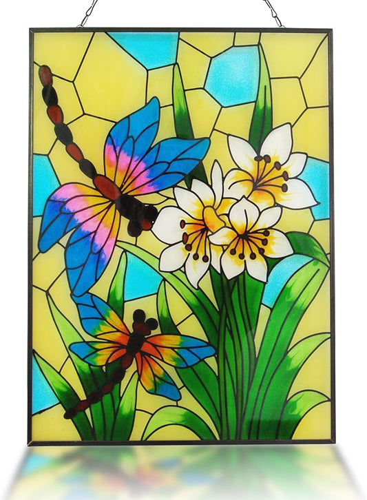 Stained Glass Window Hanging, Dragonfly Glass Art Decor, Sun Catchers Indoor Window, Valentine Rectangle Suncatchers for Windows Hanging, Stained Suncatcher for Room Balcony Garden Patio