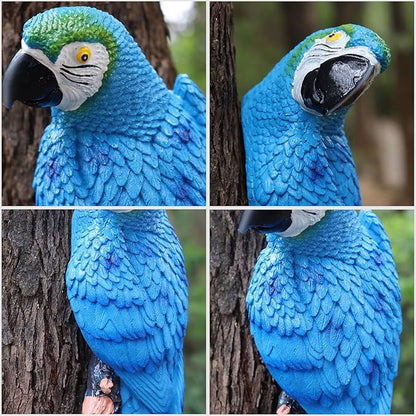 Large Parrot Decor Outdoor Tiki Bar Decoration, 12.5" Fake Birds Wall Art for Tropical Hawaiian Pool Decor, Resin Hanging Realistic Macaw Statue for Patio, Fence, Plam Tree, Yard, Garden, Deck(Blue)