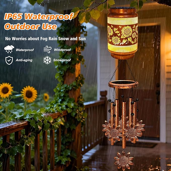 2 Pack Sunflower Solar Wind Chimes for Outside, Gifts for Mothers Day Mom Women Grandma Birthday Memorial Teacher, 32" Windchimes Outdoor Decor Hanging Solar Lantern for Garden Porch Patio Backyard