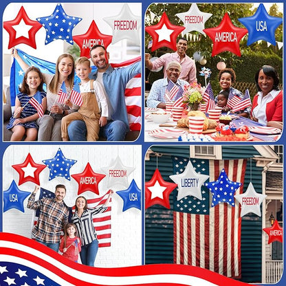 18 Pcs 12 Inch 4th of July Inflatables Outdoor Decorations 250th Anniversary Patriotic Star Ornaments Blow up PVC Inflatable Star Hanging Ornaments for American Veterans Party Festival