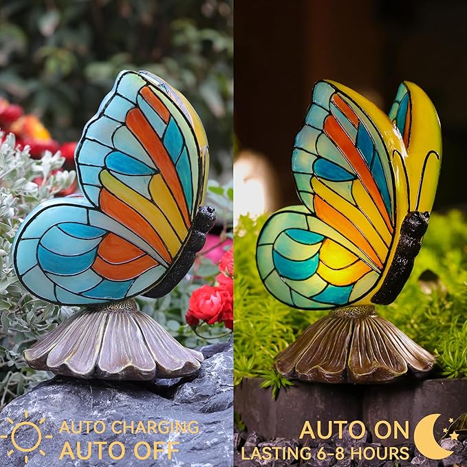 Rezpuao Solar Butterfly Garden Statues,Butterfly Decor for Outdoor,Resin Colorful Butterflies Figurine with Solar Light for Patio,Balcony,Yard,Lawn Ornament,Perfect Garden Gift