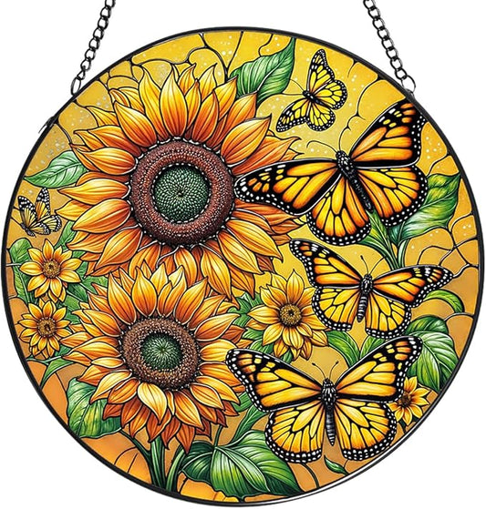Sunflower Stained Glass Window Hanging,7.87 Inch Sun Catcher Indoor Window Decor with Butterfly,Ornament for Home,Garden,New Home,Christmas,Mother’s Day Outdoor Gift for Mom,Festival Gift