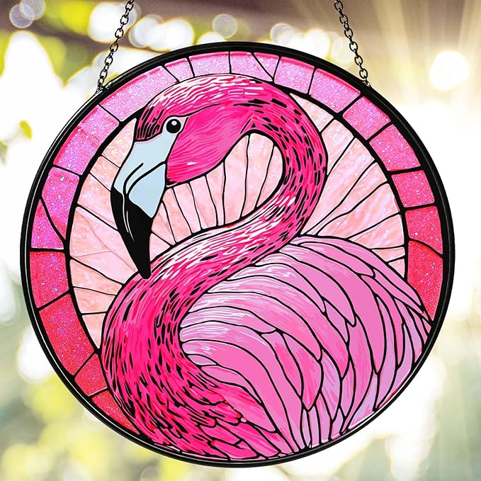 Flamingo Stained Glass Window Hanging 7.87inch Bird Light Sun Catcher Gifts for Women Wall Decor Handmade Flamingo SunCatcher Decoration for Garden Home Decor