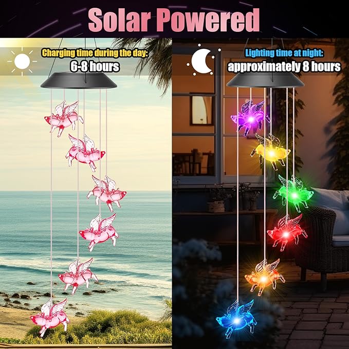 Thyle Outdoor Solar Flying Pig Wind Chimes Lights Color Changing Flying Pig Chimes Romantic Solar Powered Wind Bell Waterproof Lights for Garden Room Patio Indoor Outdoor Decoration