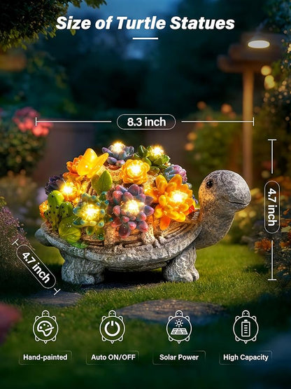 Guhope Solar Garden Statues, Outdoor Solar Turtle Decor with Succulent and 8 LED Lights, Outside Yard Figurine Decor for Garden, Lawn, Patio, Balcony, Porch, Unique Gifts for Mom Grandma