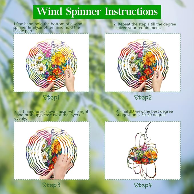 3D Flower Wind Spinner 10 Inch Garden Wind Spinners with Flower Designs for Yard Stainless Steel Flower Spinner with Unique Visual Effect Hanging Flower Wind Sculptures Garden Decor Gift