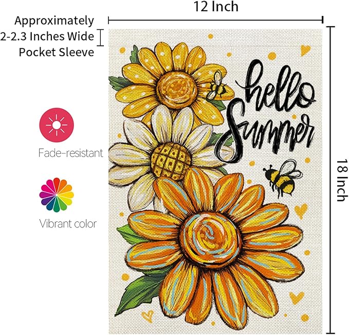 CROWNED BEAUTY Hello Summer Garden Flag Sunflowers 12x18 Inch Double Sided Small Floral Seasonal Holiday Decoration for Outside Yard