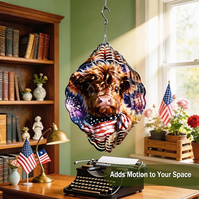 Wind Spinners Cow Fireworks Red White Blue Art 9.8 x 9.8 Inch Metal Wind Spinner Outdoor Garden Decor Festive Illustration Decorative Wind Spinners for Yard Patio