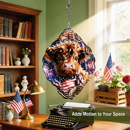 Wind Spinners Cow Fireworks Red White Blue Art 9.8 x 9.8 Inch Metal Wind Spinner Outdoor Garden Decor Festive Illustration Decorative Wind Spinners for Yard Patio