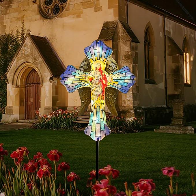 WAIU Solar Cross Garden Stake Lights, Metal Angel Wing & Acrylic Jesus Cross, Waterproof Outdoor Memorial Decor for Remembrance Gifts & Sympathy Gifts.