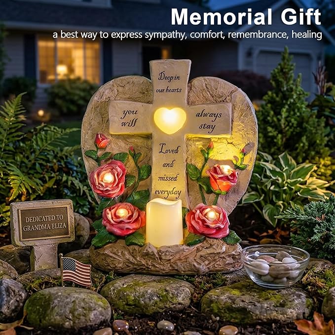 MXwcy Memorial Garden Stone Cross with LED Lights - Sympathy Gift, Bereavement & Remembrance for Loss of Loved One, Outdoor Indoor Grave Marker Decoration, Weatherproof Resin Heart Rose Design