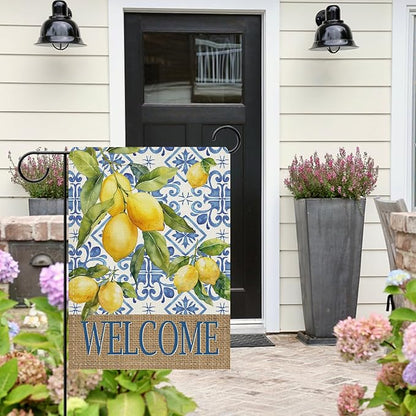 Dyrenson Welcome Italian Capri Blue Lemon Decorative Garden Flag, Amalfi Coast Citrus Italy Tile Pattern Yard Outside Home Decoration, Summer Mediterranean Outdoor Small Decor Double Sided 12 x 18