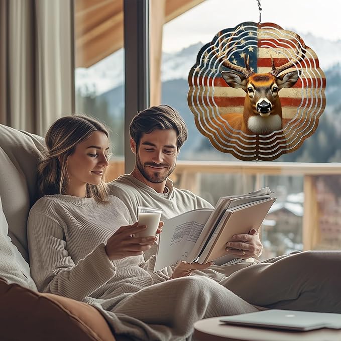 Deer American Flag Wind Spinners Outdoor, Hanging Wind Spinner for Garden Decoration, 8 inch 3D Stainless Steel Metal Wind Sculpture for Indoor/Outdoor Decor
