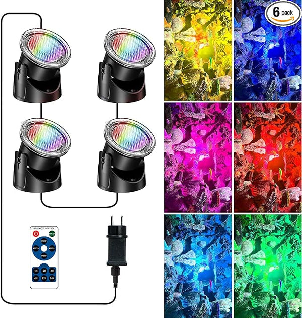 POPOSOAP RGB Underwater Pond Lights, IP68 Waterproof LED Pond Lights with Remote, Timer & Memory Function Fountain Lights for Pond Fountain Waterfall Aquarium Swimming Pool Outdoor Decoration 4-Head