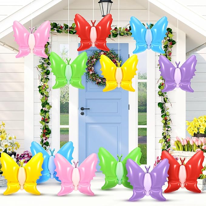 Realspring 12 Pcs 14 Inch Spring Inflatable Outdoor Decorations Butterfly Blow up Inflatable Birthday Party Decorations Giant PVC Spring Hanging Ornaments for Indoor Outdoor Garden Lawn Party Decor