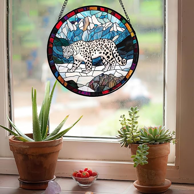 CHATYOUNG Stained Glass Window Hanging Mountain Snow Leopard 7.8" - Fine Retro Suncatcher Door Garden Sunroom Sun Catcher Home Decor Father's Day Birthday Christmas for Mom Woman Nana Men Father
