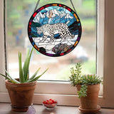 CHATYOUNG Stained Glass Window Hanging Mountain Snow Leopard Large 15" - Fine Retro Suncatcher Door Garden Sunroom Sun Catcher Home Decor Father's Day Birthday Christmas for Mom Woman Men Father