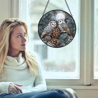 Stained Glass Window Hanging - Owl On A Tree Suncatcher for Doors Garden Patio Winter Scene Sun Catchers Decor Christmas Mother's Day Birthday Gifts for Women Men Mom Nana Friend 7.8 in