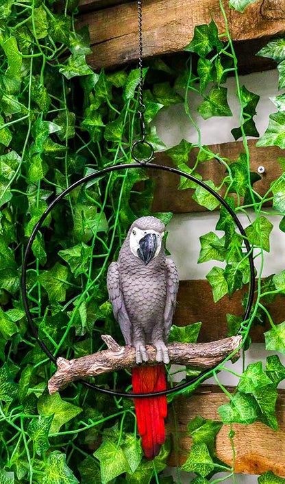Ebros Patio Home Garden Hanging Macaw Parrot Perching on Branch in Metal Round Ring Figurine Sculpture Nature Lovers Tropical Bird Collectors Decor 13.5" H (Grey Macaw)