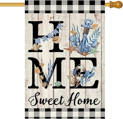ORTIGIA Beach House Flag 28 x 40 Inch Double Sided Burlap Home Sweet Home Blue Anchor Starfish Seashell Coastal Ocean Yard Flag Summer Holiday Seasonal Outdoor Outside Decoration(Large)