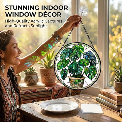 Birthday Gifts for Women - Green Monstera Plant Faux Stained Glass Window Hanging Sun Catcher for Door Garden Acrylic Decor Mother's Day Christmas for Mom Nana Grandma Sisters Wife 9.8"