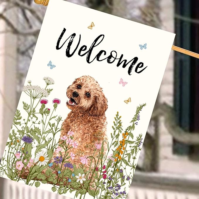 Floral Golden Doodle Garden Flag Spring Summer House Flags 28 x 40 Double Sided Flower Dog Yard Flags for Outside Large Outdoor Welcome Flags