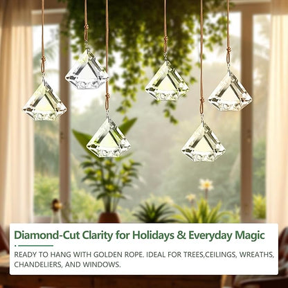 Set of 6 Crystal Glass Diamond Haingings Clear Glass Prisms Ornament Hanging Crystals Decoration for Party, Wedding, Valentines