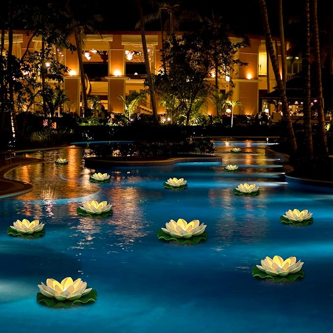12PCS Waterproof Floating Lotus Light, 5 Inch Floating Lily Flower Water Activated Artificial Flowers Battery Operated Warm White Light for Wedding Pool Anniversary Garden Decor