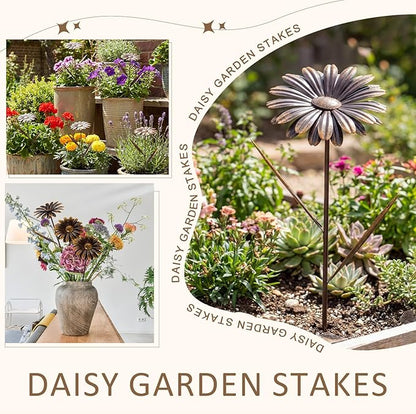 5 Pcs 11.8 Inch 3D Rusty Metal Garden Stakes, Weatherproof Decorative Plant Picks for Farmhouse Outdoor Yard, Lawn, Patio & Walkway(Daisy)