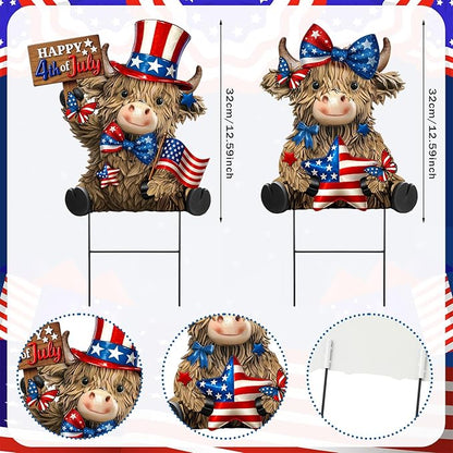Amyhill 2 Pcs 4th of July Metal Outdoor Decor Garden Stakes Patriotic Highland Cow Welcome Yard Signs Decorations Red White Blue Garden Stakes for Independence Memorial Day Patio Lawn Walkway Outside