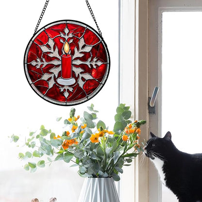 DASTOLL Stained Glass Window Hanging 4 Pcs Set Red Christmas Decorations Theme Large 15" - Suncatcher Door Garden Sun Catcher Decor Birthday for Mom Woman Nana Men Friend Wife